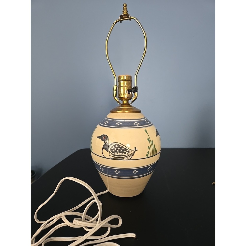 Pottery Lamp Cottage Core Primitive Blue  White Duck Handcrafted Needs Recording